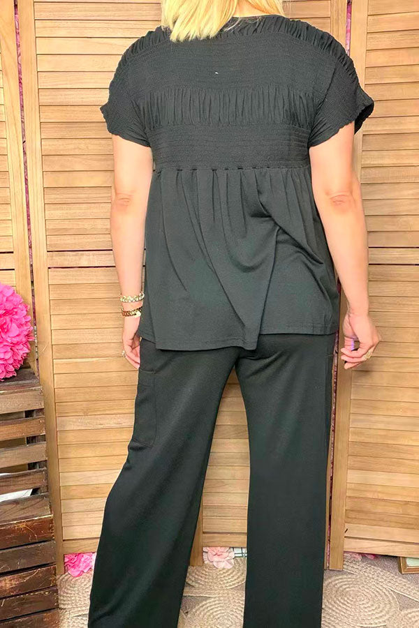 Black elastic front women blouse & wide leg pant 2pc women set XCH16159