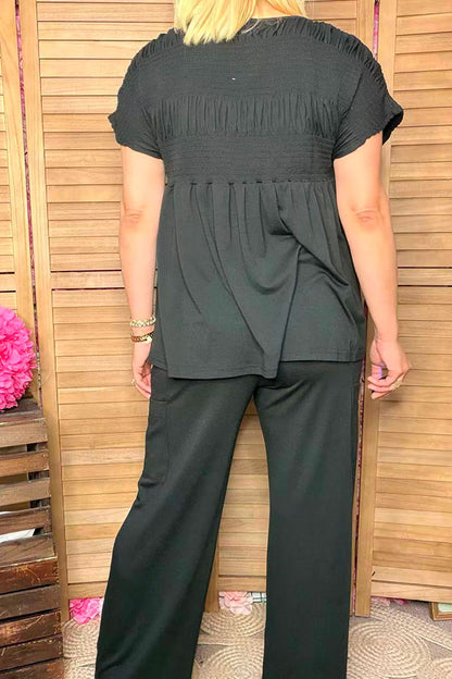 Black elastic front women blouse & wide leg pant 2pc women set XCH16159
