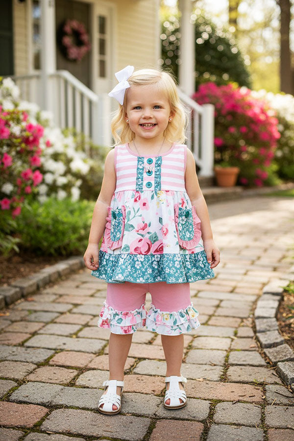XCH0666-5H Pink striped & Floral printed top and shorts sets