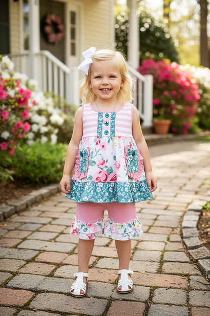 XCH0666-5H Pink striped & Floral printed top and shorts sets