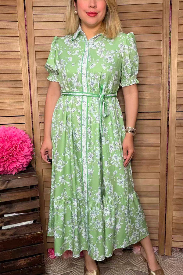 Southern Stitch Green floral printed maxi women dress w/belt GJQ17013