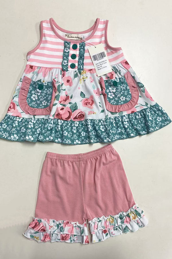 XCH0666-5H Pink striped & Floral printed top and shorts sets