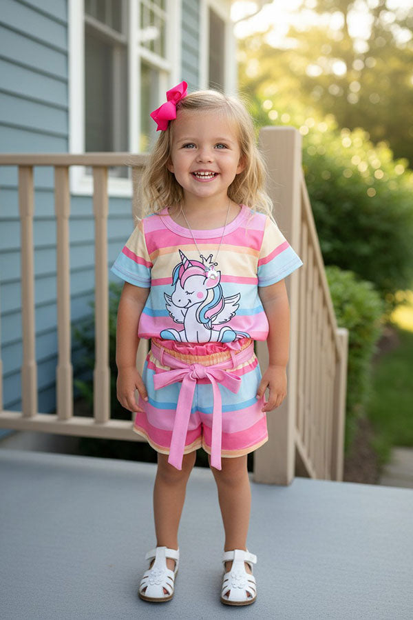 Striped unicorn patterns short sleeve top & shorts 2pc girls set w/belt XCH04025