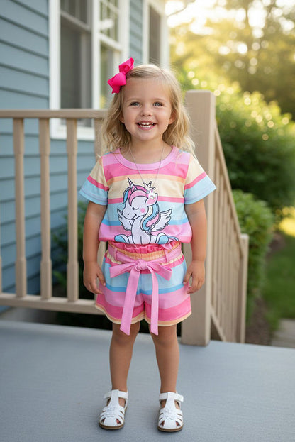 Striped unicorn patterns short sleeve top & shorts 2pc girls set w/belt XCH04025