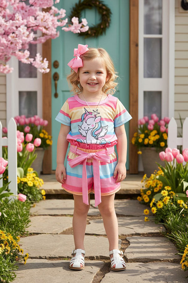 Striped unicorn patterns short sleeve top & shorts 2pc girls set w/belt XCH04025
