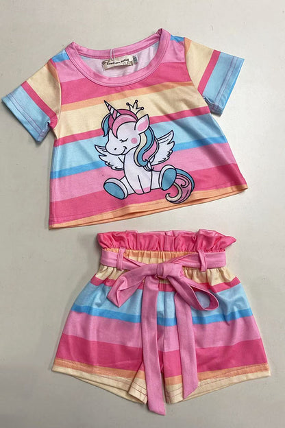 Striped unicorn patterns short sleeve top & shorts 2pc girls set w/belt XCH04025