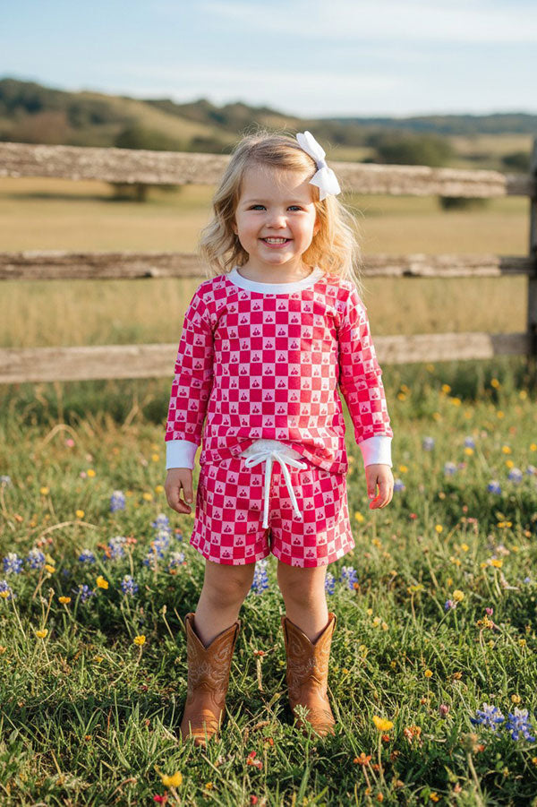 Checkered & Cherry printed long sleeve top & Shorts 2pc girls set XCH04053
