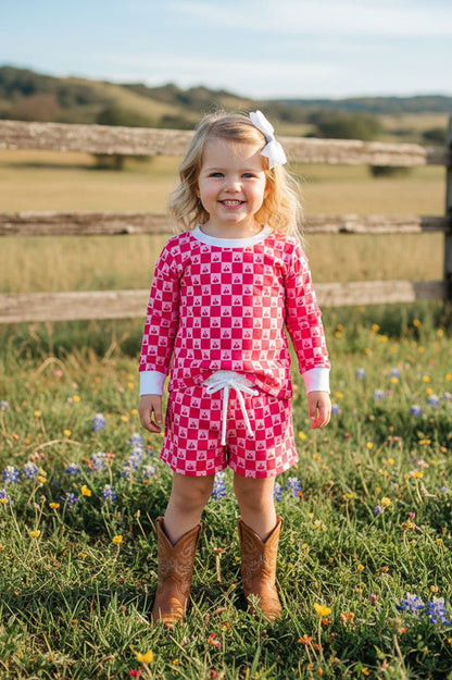 Checkered & Cherry printed long sleeve top & Shorts 2pc girls set XCH04053