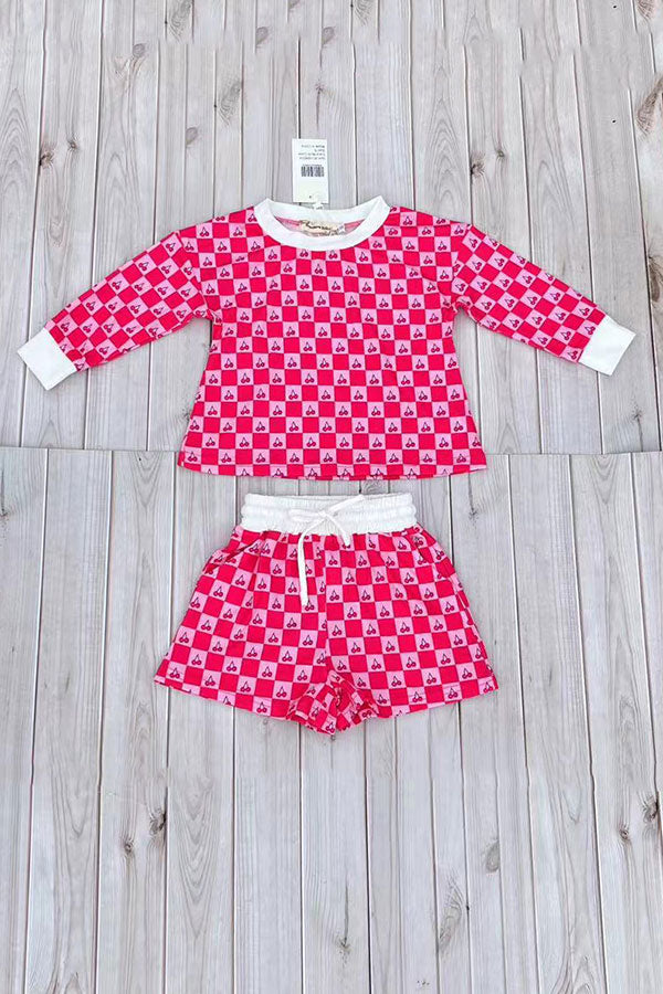 Checkered & Cherry printed long sleeve top & Shorts 2pc girls set XCH04053