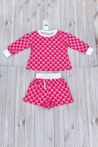 Checkered & Cherry printed long sleeve top & Shorts 2pc girls set XCH04053