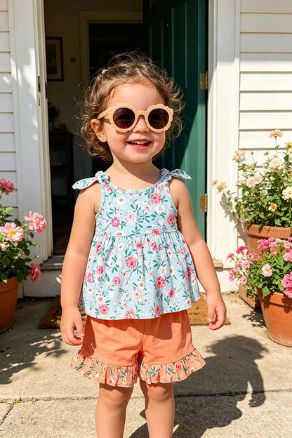 Blue floral printed sleeveless top & coral shorts 2pc girls set  XCH0666-32H