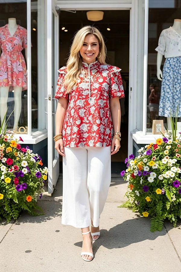 Southern Stitch Floral printed white pompoms cap sleeve red women blouse GJQ16693