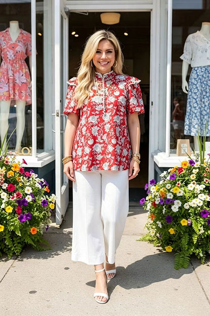 Southern Stitch Floral printed white pompoms cap sleeve red women blouse GJQ16693