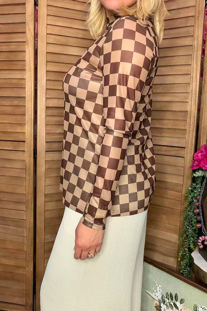 Southern Stitch Sheer long sleeve women's top with brown checkered print XCH17168