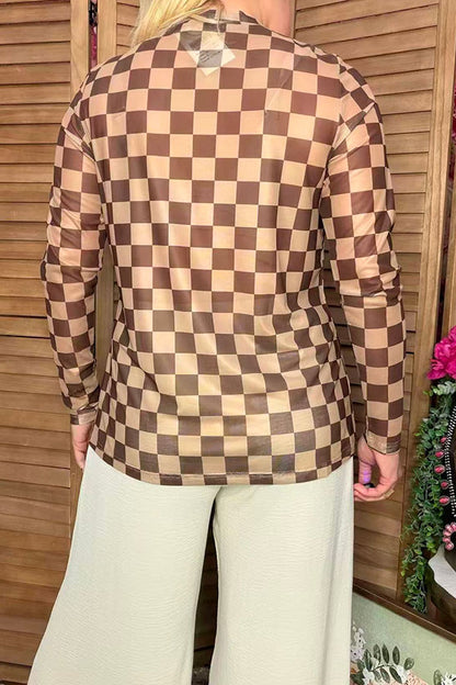 Southern Stitch Sheer long sleeve women's top with brown checkered print XCH17168
