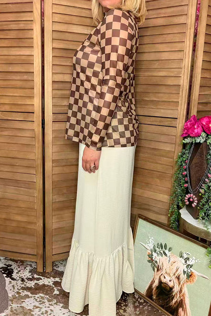Southern Stitch Sheer long sleeve women's top with brown checkered print XCH17168