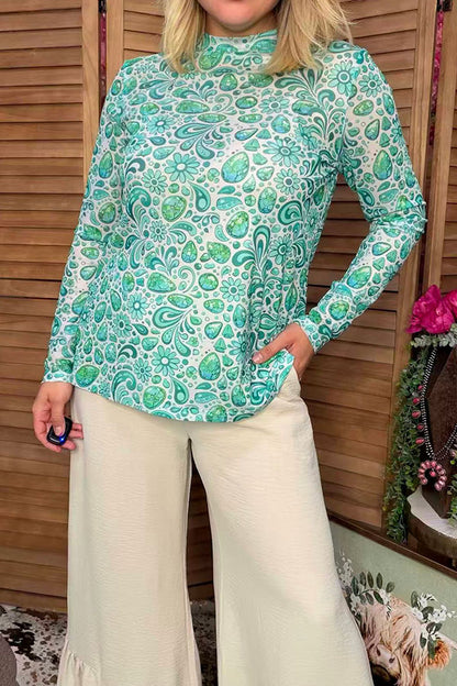 Southern Stitch Turquoise & Green paisley floral sheer women's top XCH17163