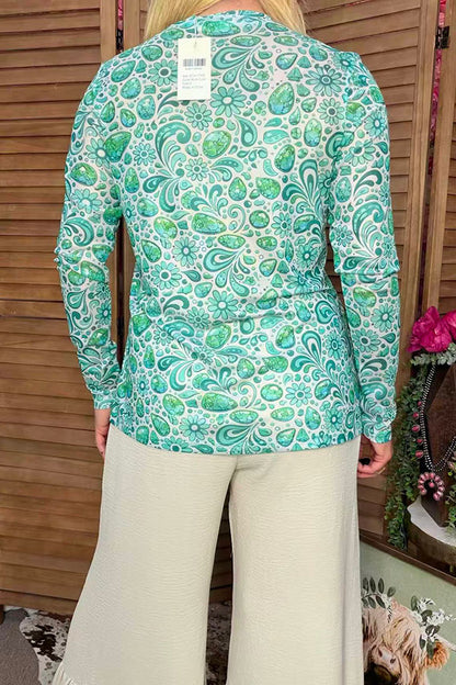 Southern Stitch Turquoise & Green paisley floral sheer women's top XCH17163
