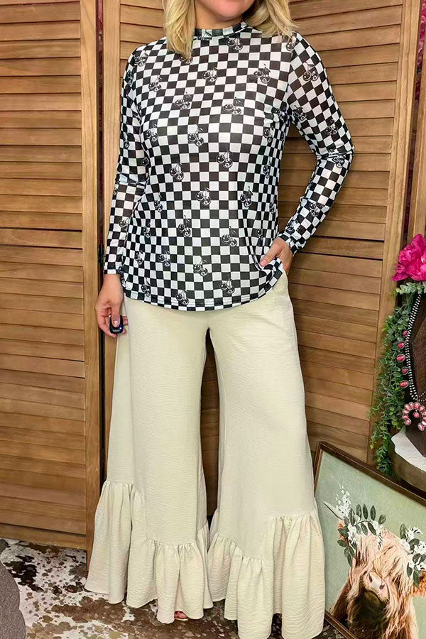 Southern Stitch  Sheer long sleeve women's top with checkered & cherry print XCH17026