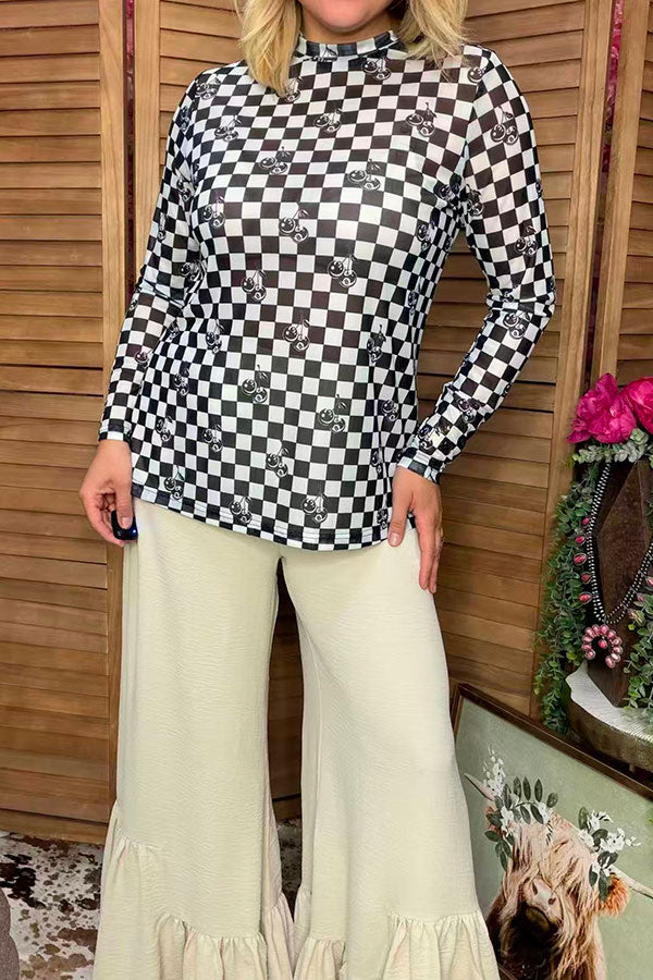 Southern Stitch  Sheer long sleeve women's top with checkered & cherry print XCH17026
