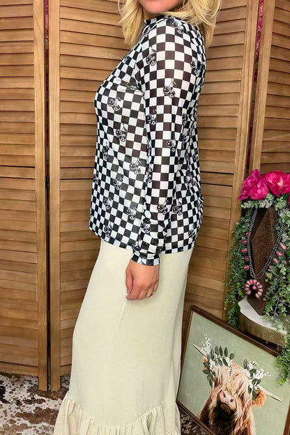 Southern Stitch  Sheer long sleeve women's top with checkered & cherry print XCH17026