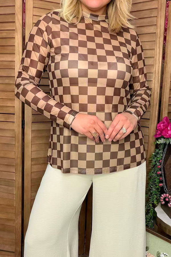 Southern Stitch Sheer long sleeve women's top with brown checkered print XCH17168