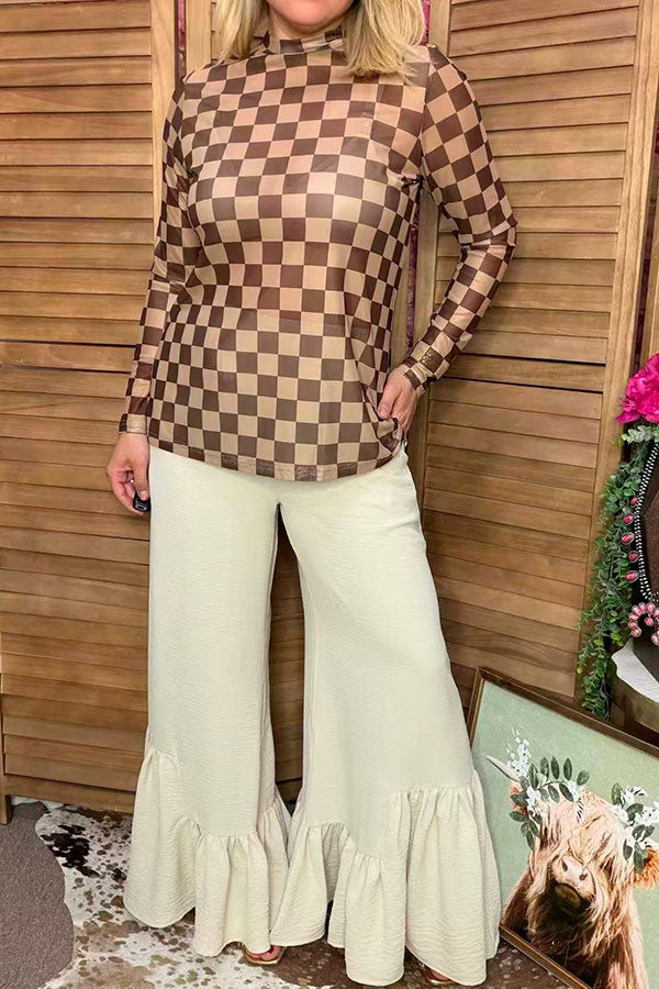 Southern Stitch Sheer long sleeve women's top with brown checkered print XCH17168