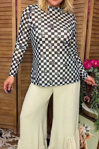 Southern Stitch  Sheer long sleeve women's top with checkered & cherry print XCH17026