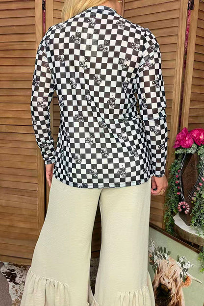 Southern Stitch  Sheer long sleeve women's top with checkered & cherry print XCH17026