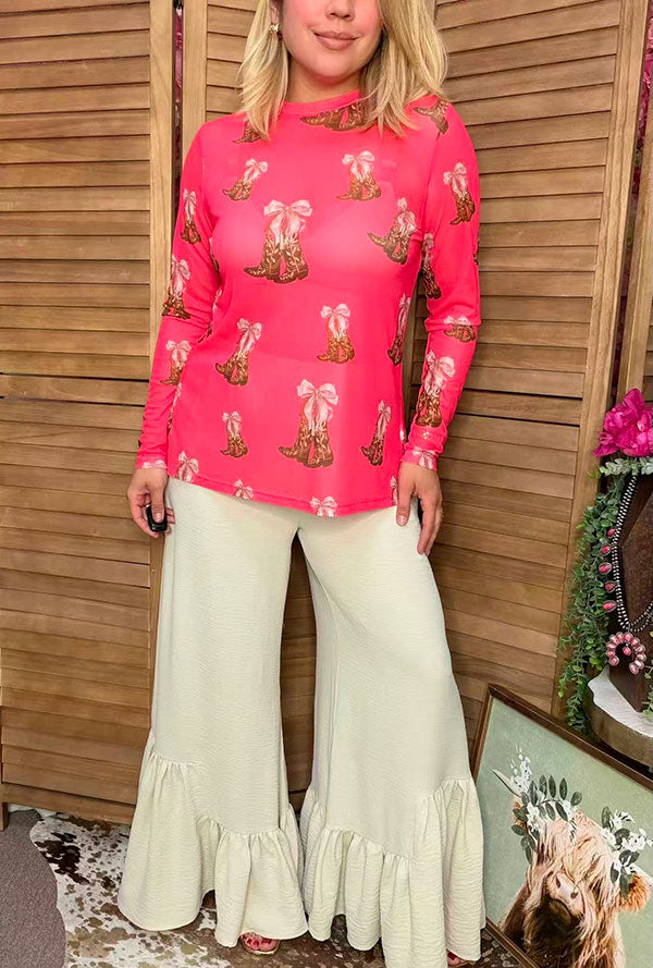 Southern Stitch Western boots coral long sleeve sheer women's top XCH17112
