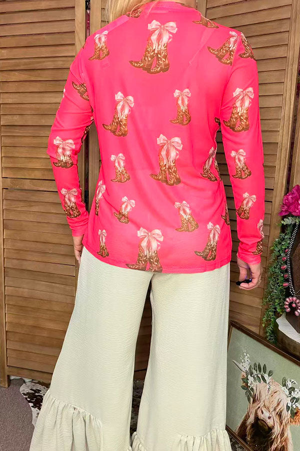 Southern Stitch Western boots coral long sleeve sheer women's top XCH17112