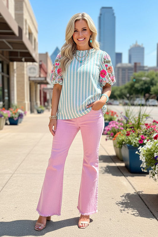 Southern Stitch Floral embroidery puff short sleeve blue striped women's top XCH16534