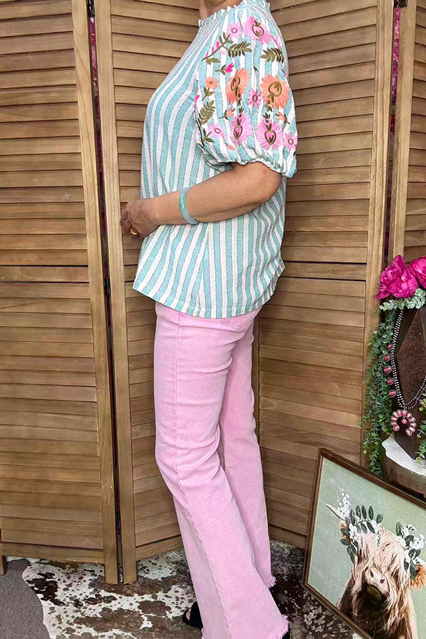 Southern Stitch Floral embroidery puff short sleeve blue striped women's top XCH16534