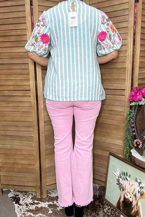 Southern Stitch Floral embroidery puff short sleeve blue striped women's top XCH16534