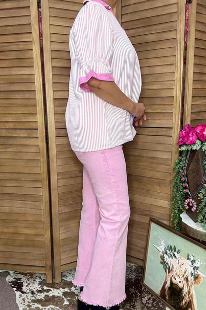 Southern Stitch Pink seersucker striped collared split neck women's top XCH17030