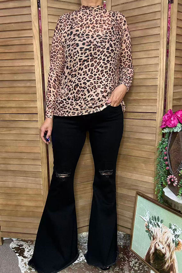 Southern Stitch Leopard mesh long sleeve sheer women's top XCH17037