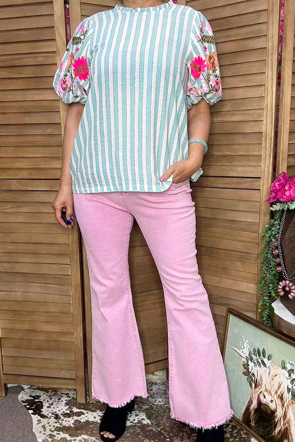Southern Stitch Floral embroidery puff short sleeve blue striped women's top XCH16534