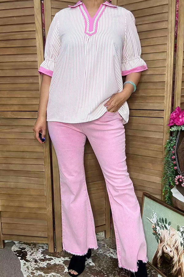 Southern Stitch Pink seersucker striped collared split neck women's top XCH17030