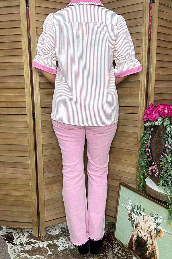 Southern Stitch Pink seersucker striped collared split neck women's top XCH17030