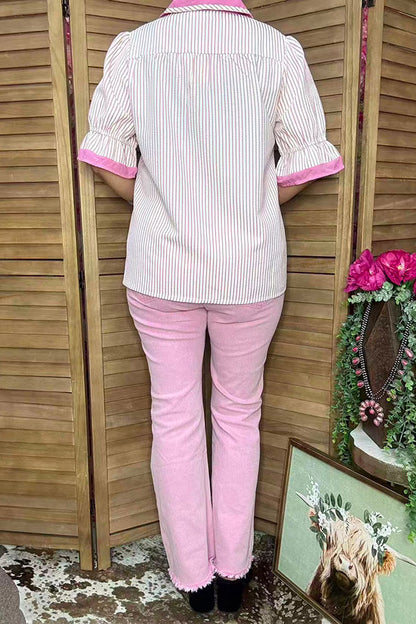 Southern Stitch Pink seersucker striped collared split neck women's top XCH17030