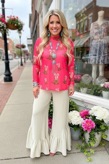 Southern Stitch Western boots coral long sleeve sheer women's top XCH17112