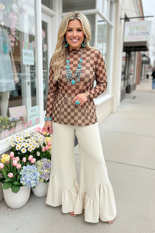 Southern Stitch Sheer long sleeve women's top with brown checkered print XCH17168