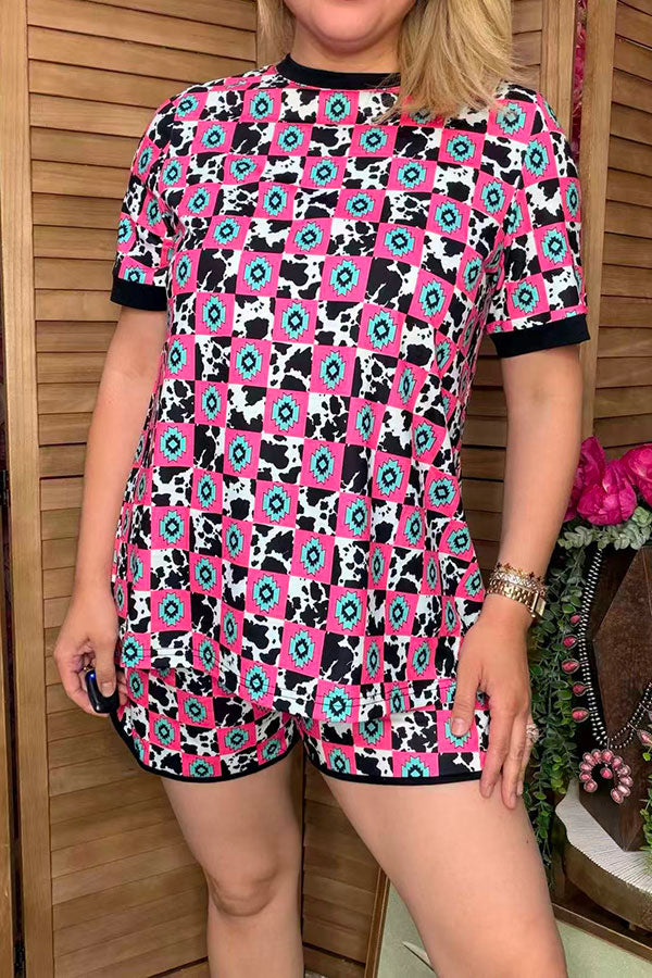 Southern Stitch Western cow & jewel checkered top & shorts 2pc women's set XCH17094