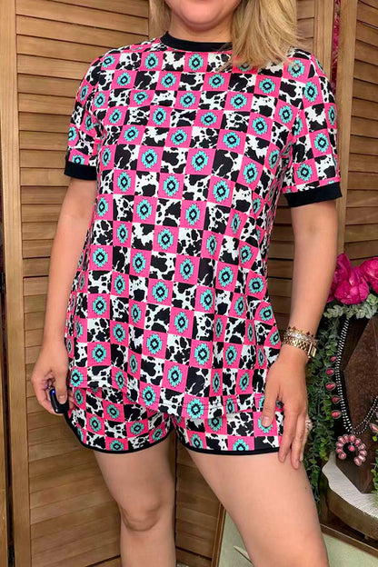 Southern Stitch Western cow & jewel checkered top & shorts 2pc women's set XCH17094