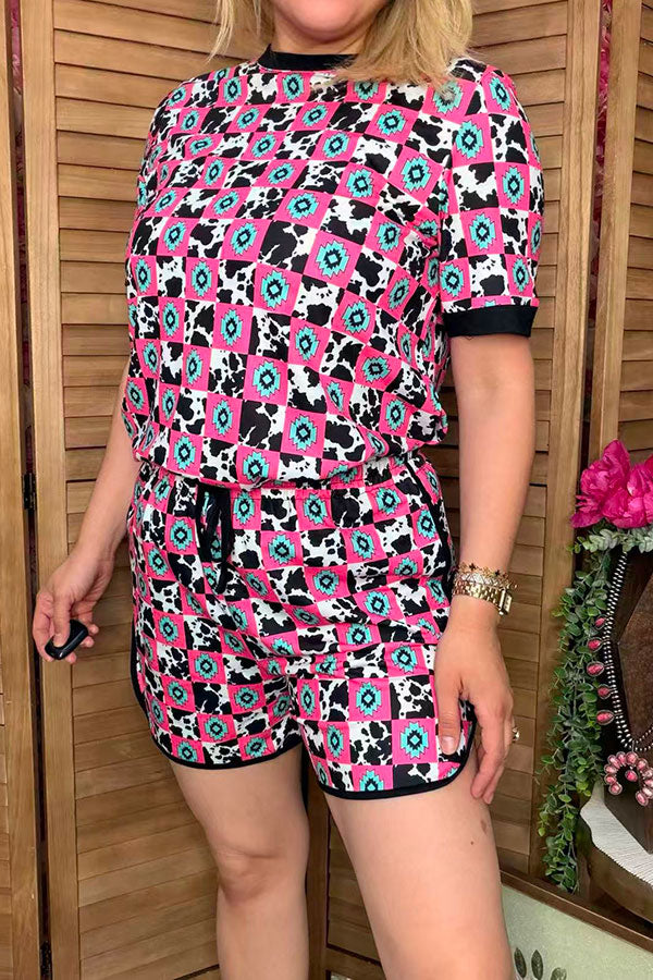 Southern Stitch Western cow & jewel checkered top & shorts 2pc women's set XCH17094