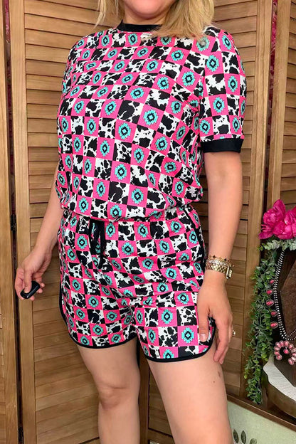 Southern Stitch Western cow & jewel checkered top & shorts 2pc women's set XCH17094