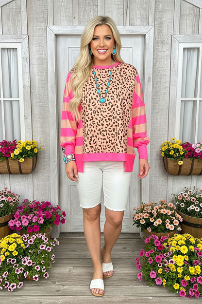 Pink Stripe Leopard Long Sleeve Women Top XCH16781