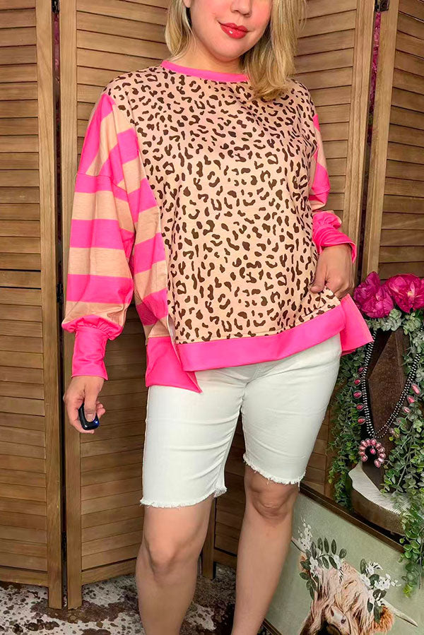 Pink Stripe Leopard Long Sleeve Women Top XCH16781