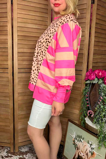 Pink Stripe Leopard Long Sleeve Women Top XCH16781