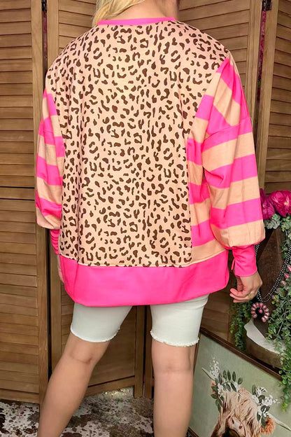 Pink Stripe Leopard Long Sleeve Women Top XCH16781
